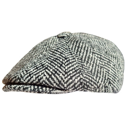 Newsboy Cap, Black and White, Herringbone. Side View