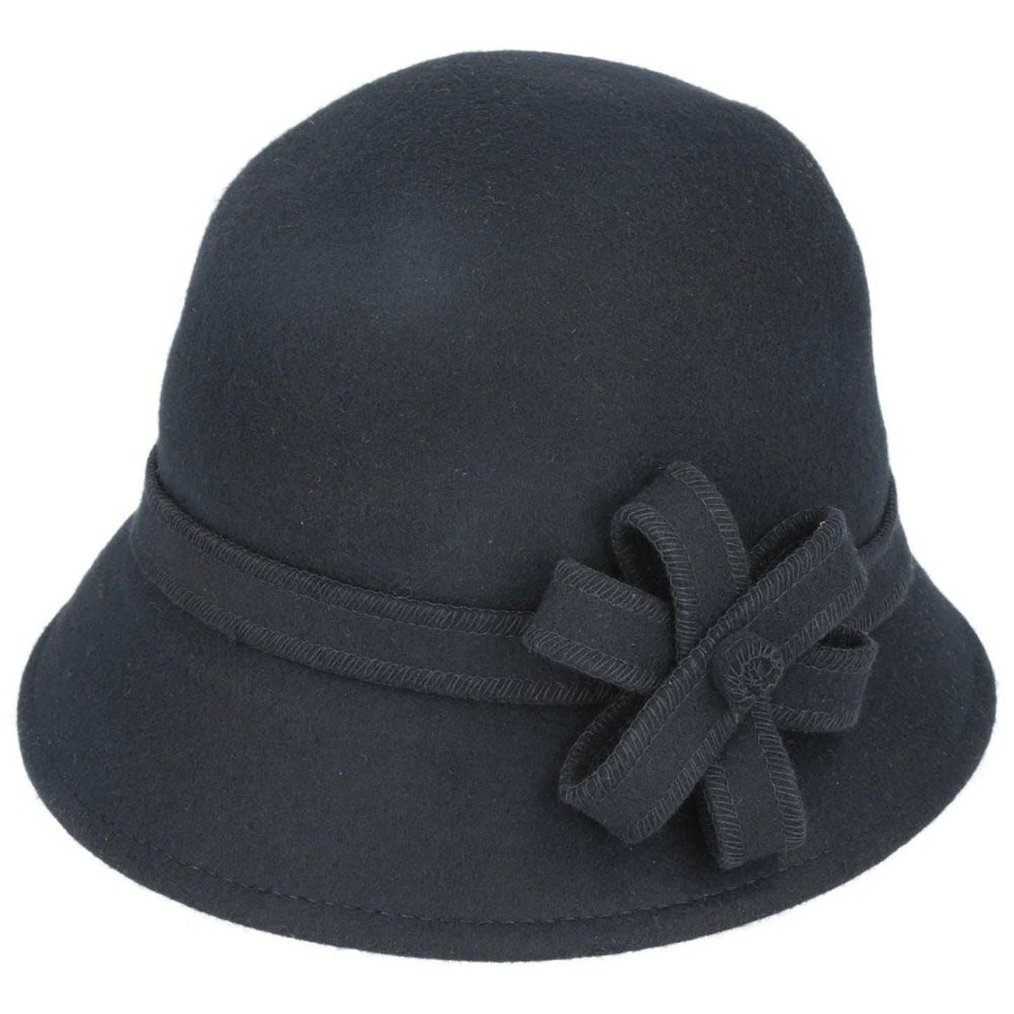 Cloche Hat, Black, Wool, Flower Decoration