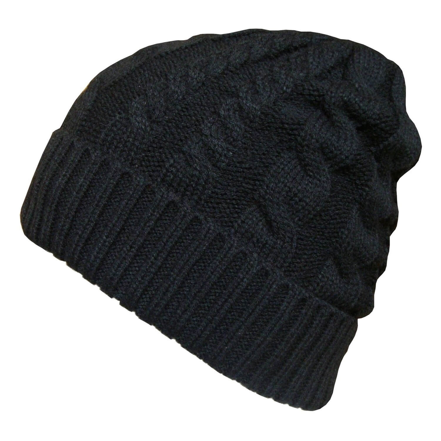 Beanie Hat, Black, Cuffed, Cable Knit