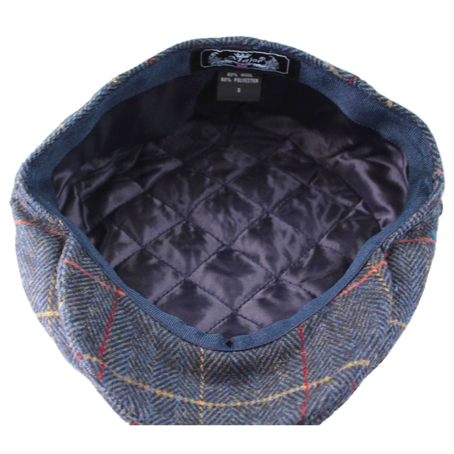 Flat Cap, Navy Blue, Tweed, Check, Lining View