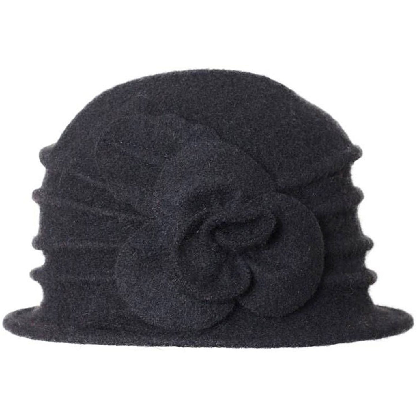 Cloche Hat, Black, Wool, Flower Decoration