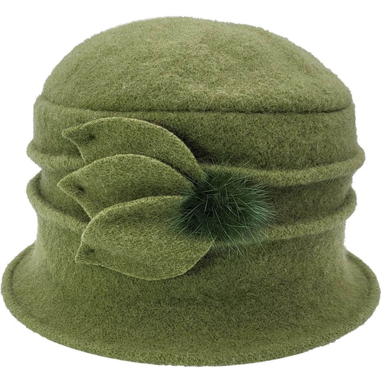 Cloch Hat, Green, Wool, Petal Decoration