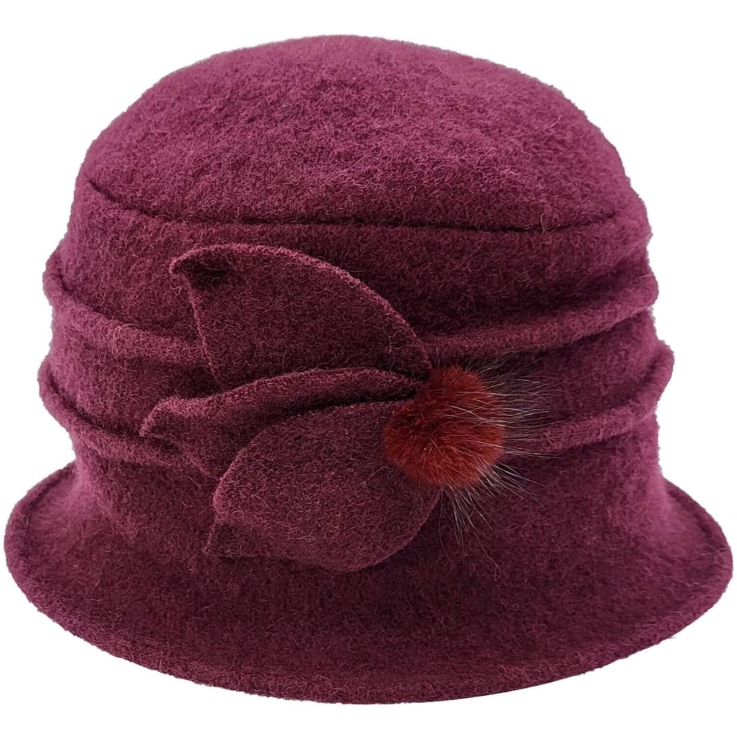 Cloch Hat, Burgundy, Wool, Petal Decoration