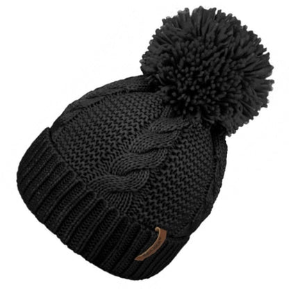 Beanie Hat, Black, Cable Knit, Pom Pom