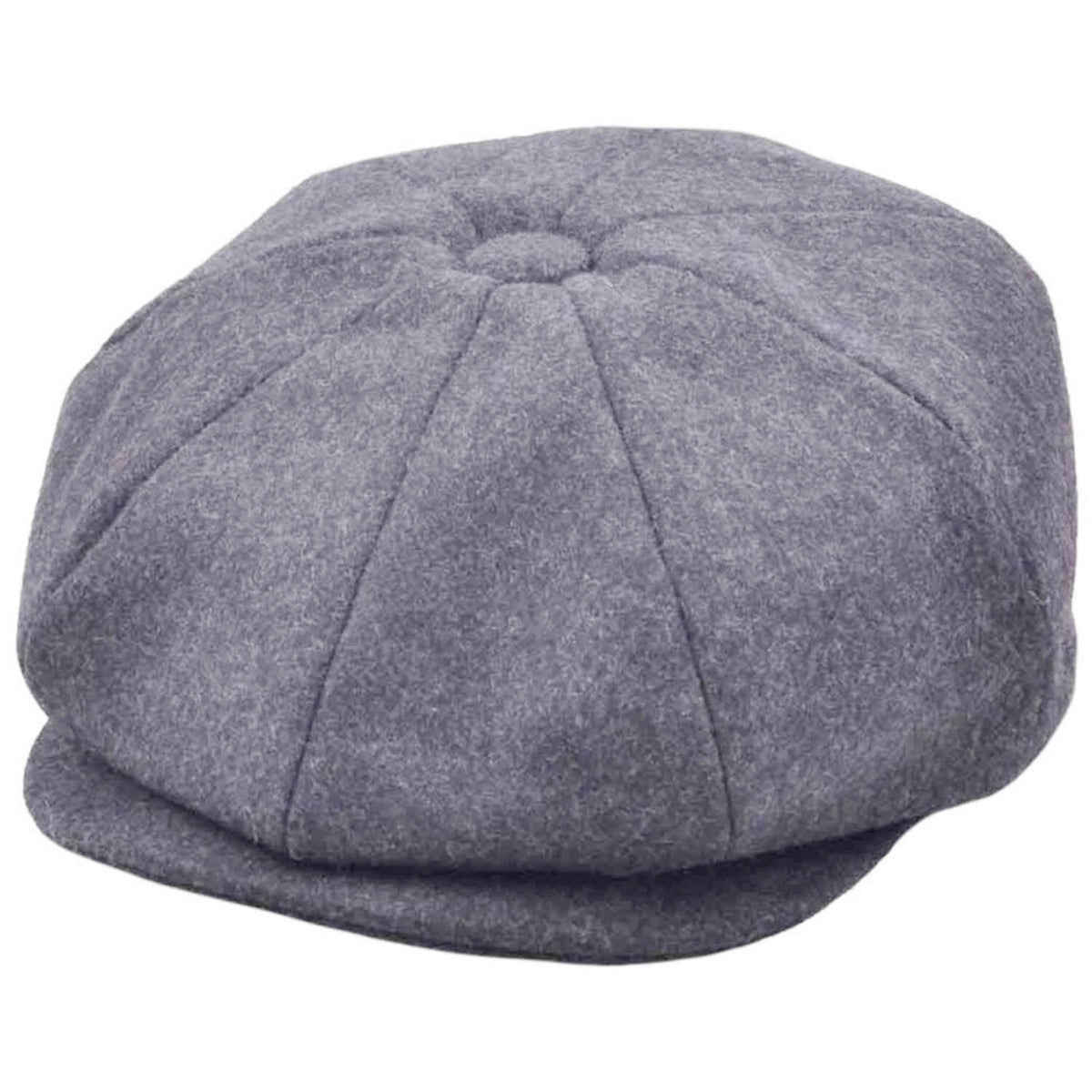 A gray woolly newsboy cap with a flat brim, photographed against a solid white background.