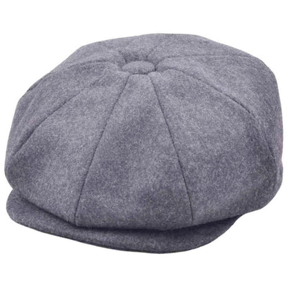 A gray woolly newsboy cap with a flat brim, photographed against a solid white background.