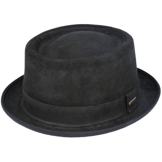 Pork Pie Hat, Black, Leather, Sheepskin