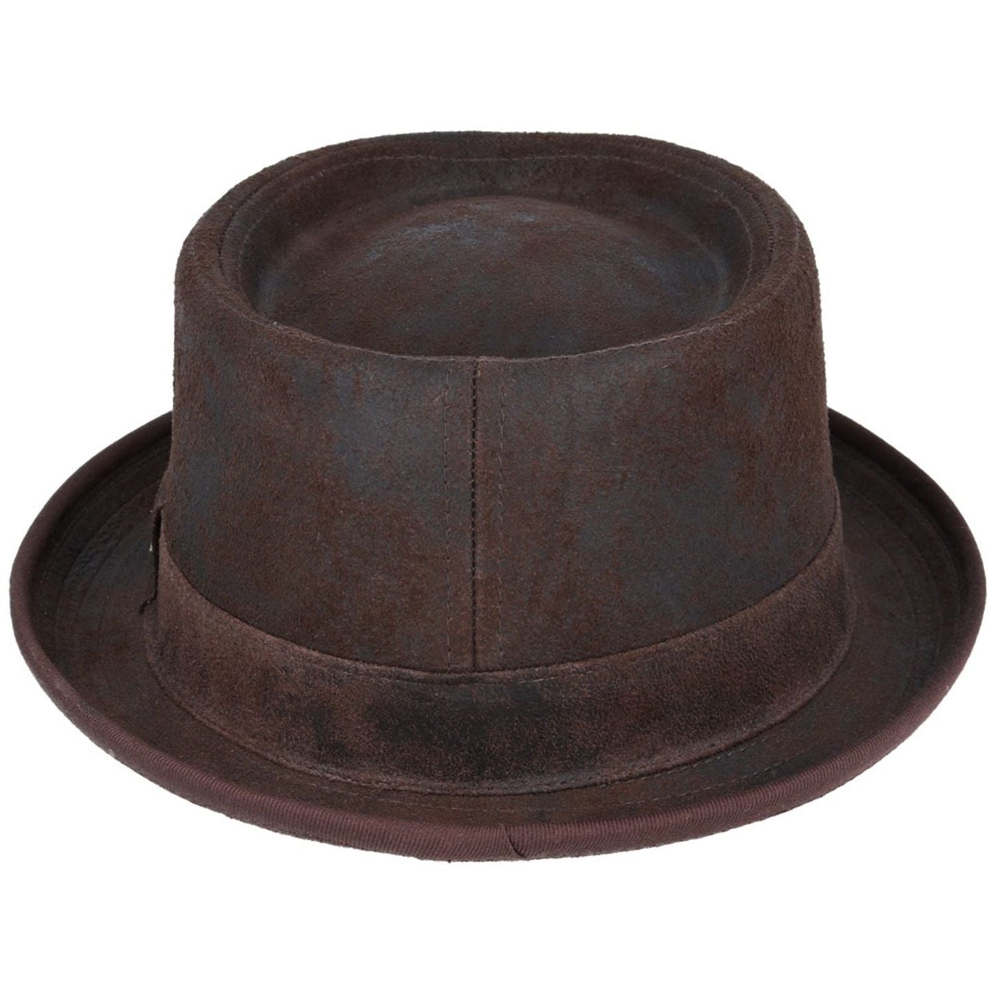 Pork Pie Hat, Brown, Leather, Sheepskin, Rear View