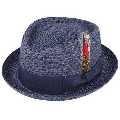 Straw Pork Pie Hat with Diamond Crown - Navy Blue - Maz