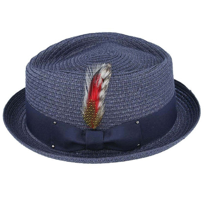 Straw Pork Pie Hat with Diamond Crown - Navy Blue - Maz