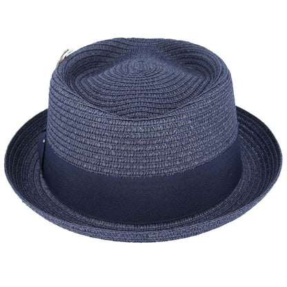 Straw Pork Pie Hat with Diamond Crown - Navy Blue - Maz