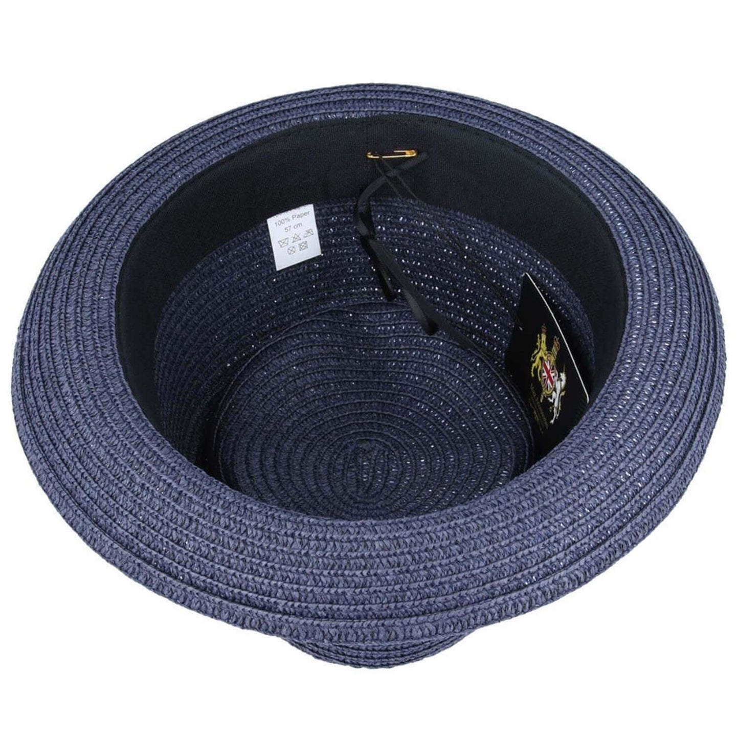 Straw Pork Pie Hat with Diamond Crown - Navy Blue - Maz