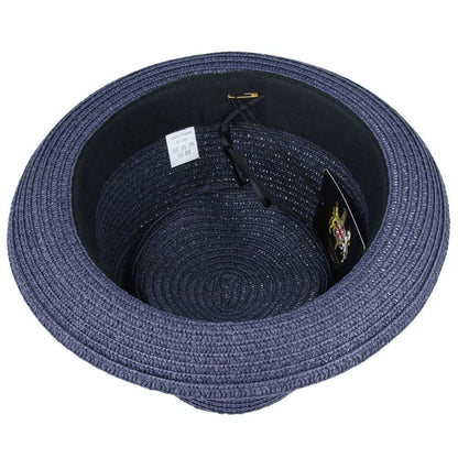 Straw Pork Pie Hat with Diamond Crown - Navy Blue - Maz