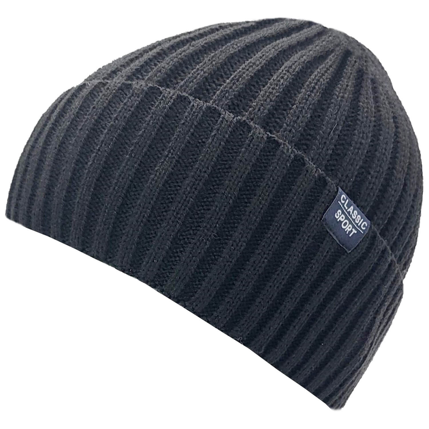 Cuffed Beanie, Black, Ribbed Knit