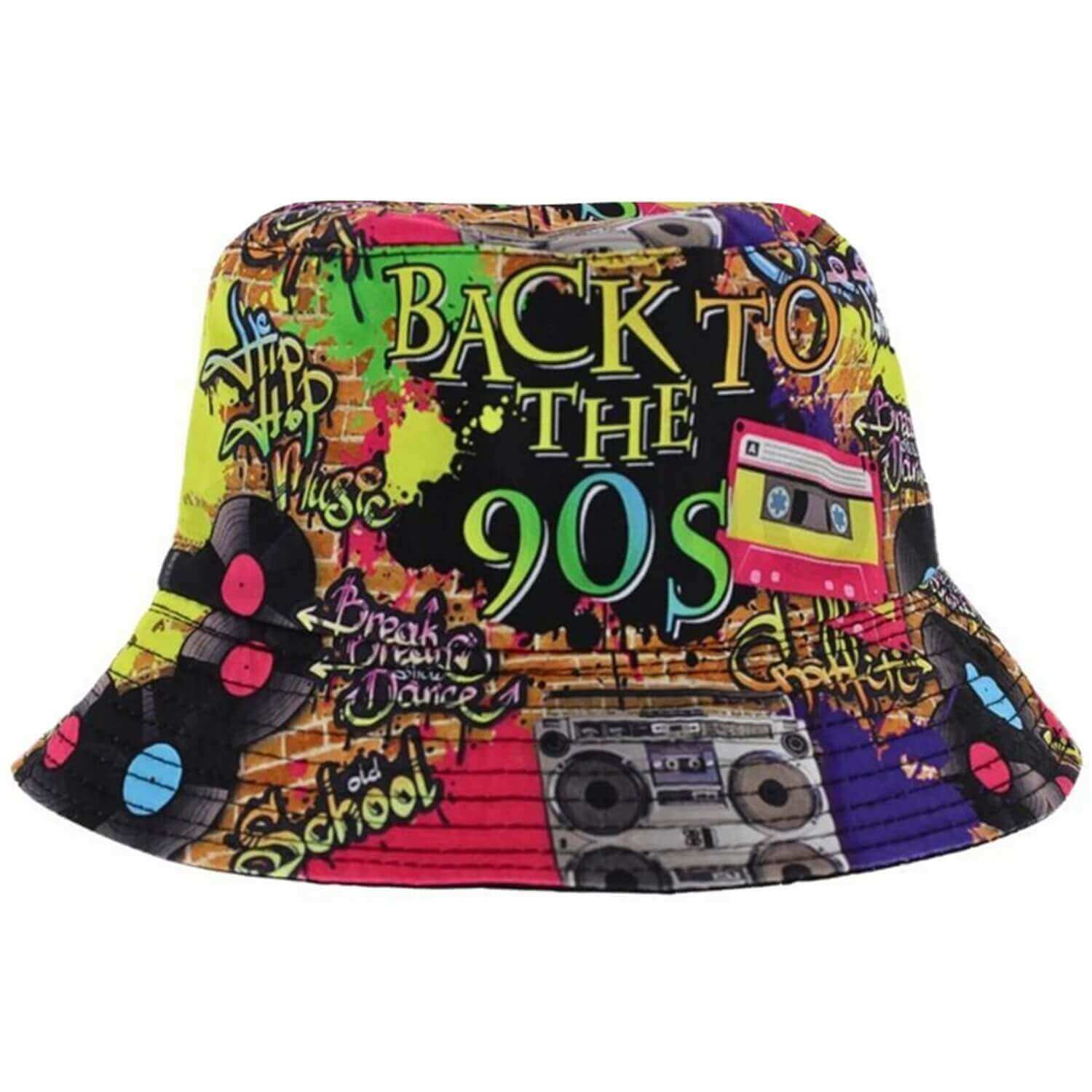 Bucket hat with 90s-themed design featuring text and graphics on a white background