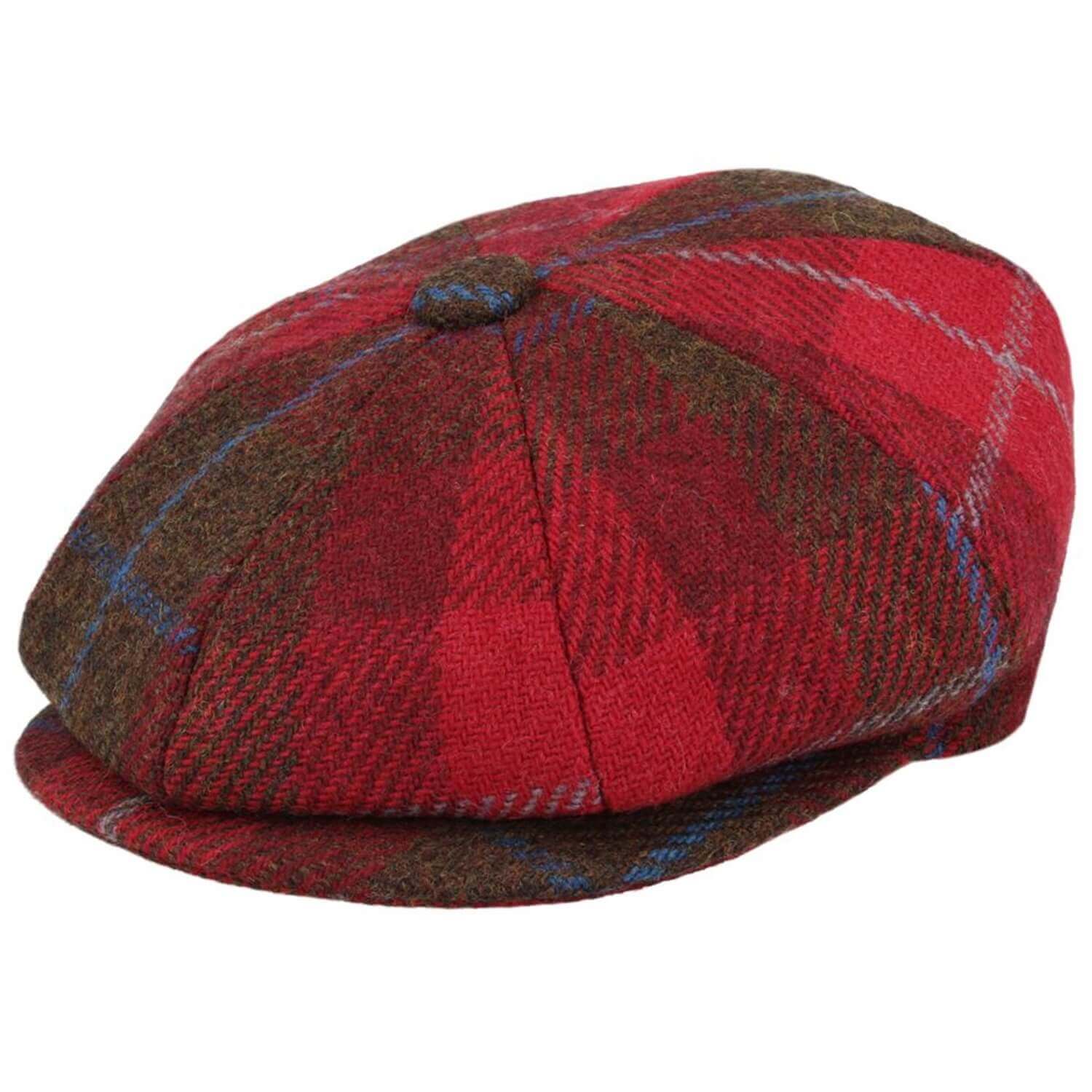 Red and brown plaid flat cap on a white background