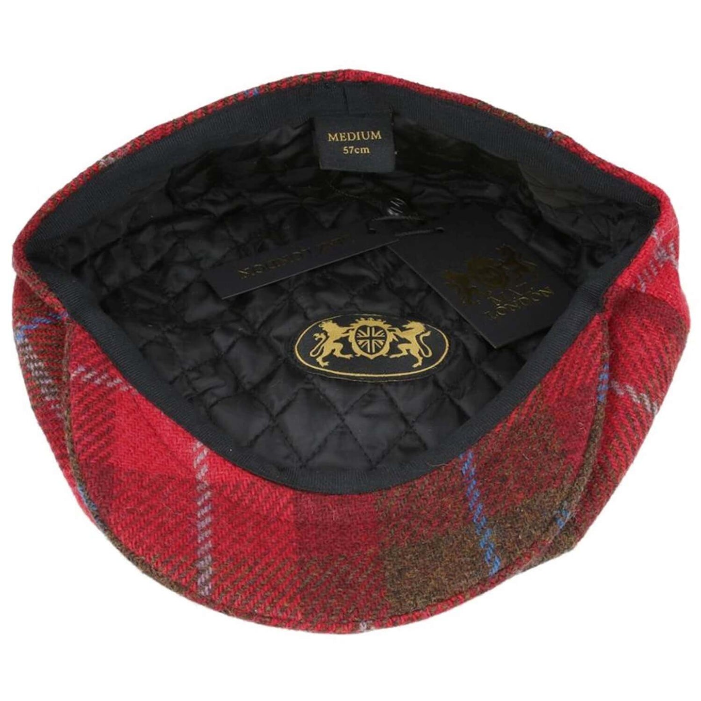 Red plaid cap with black interior and brand logo on a white background