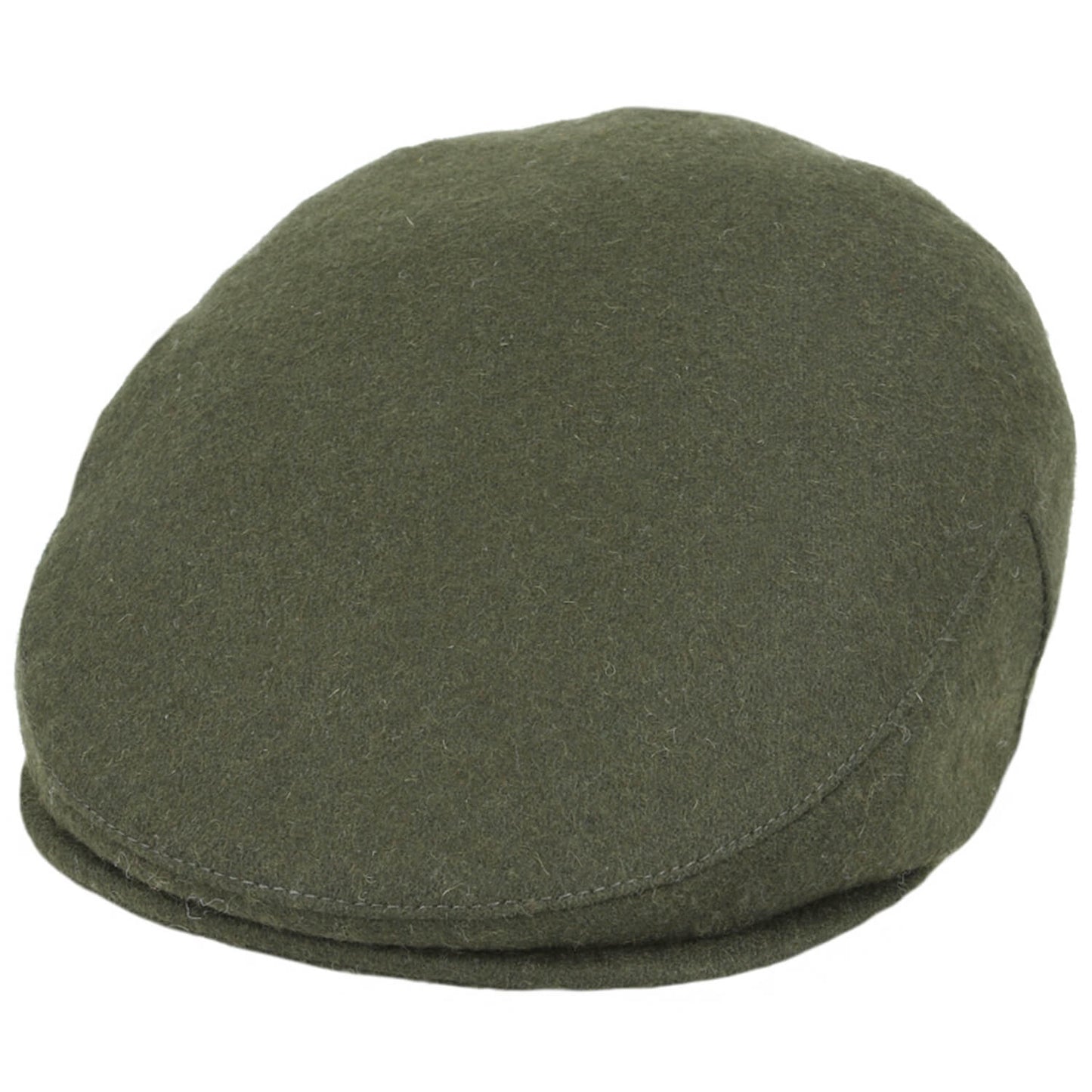 An olive green wool flat cap shown from a three-quarters angle against a plain white background.