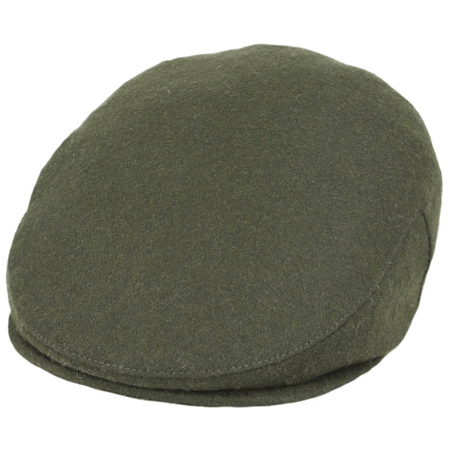 An olive green wool flat cap shown from a three-quarters angle against a plain white background.