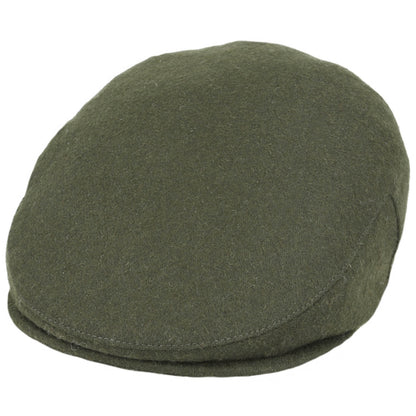 An olive green wool flat cap shown from a three-quarters angle against a plain white background.